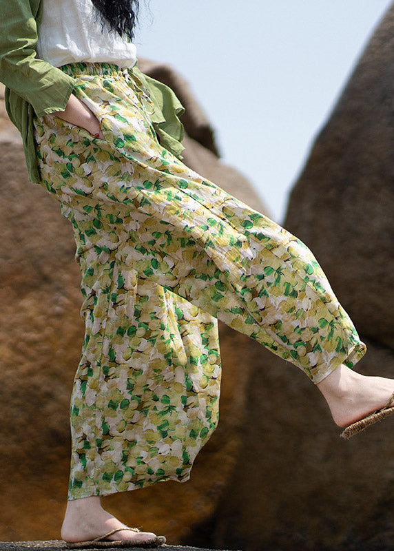 Green Print Tie Waist Linen Wide Leg Pants Summer
