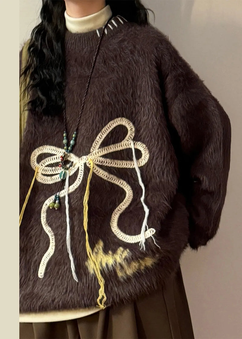 Loose Coffee Bow Thick Mink Hair Knitted Sweater Winter
