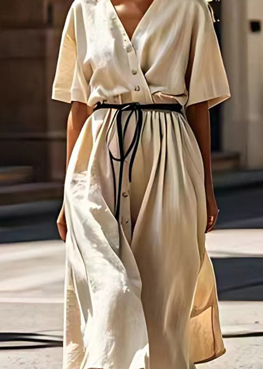 Beige V Neck Tie Waist Patchwork Cotton Dress Summer