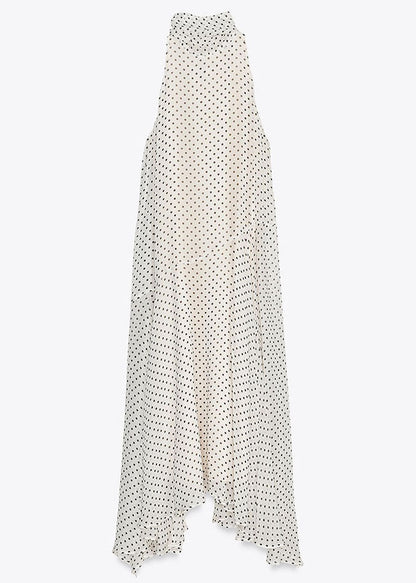White Dot Side Open Chiffon Long Dress Lace Up Sleeveless