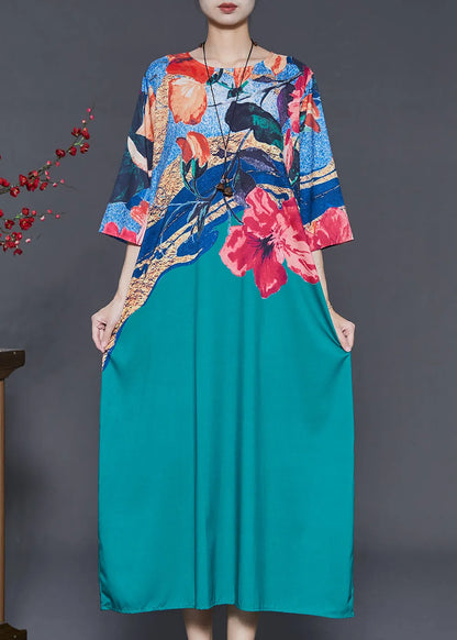 Green Oversized Print Silk Maxi Dresses Summer