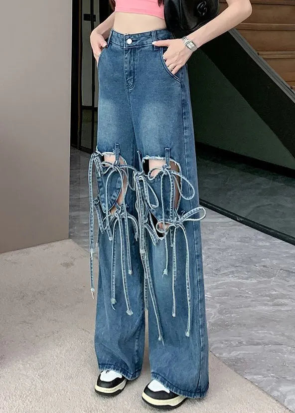 Modern Blue Bow Hole High Waist Denim Pants Summer