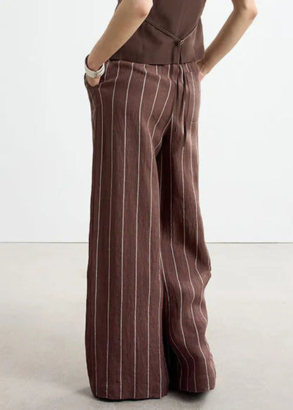 Art Brown Striped Pockets Elastic Waist Linen Pants Fall