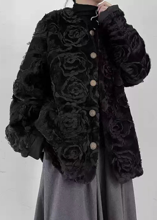 Black O-neck Button Fuzzy Fur Fluffy Coats Spring