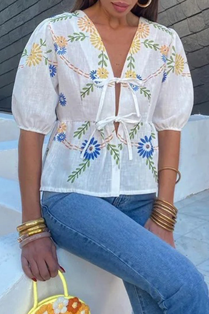 Print Flowers Frenulum V Neck Tops