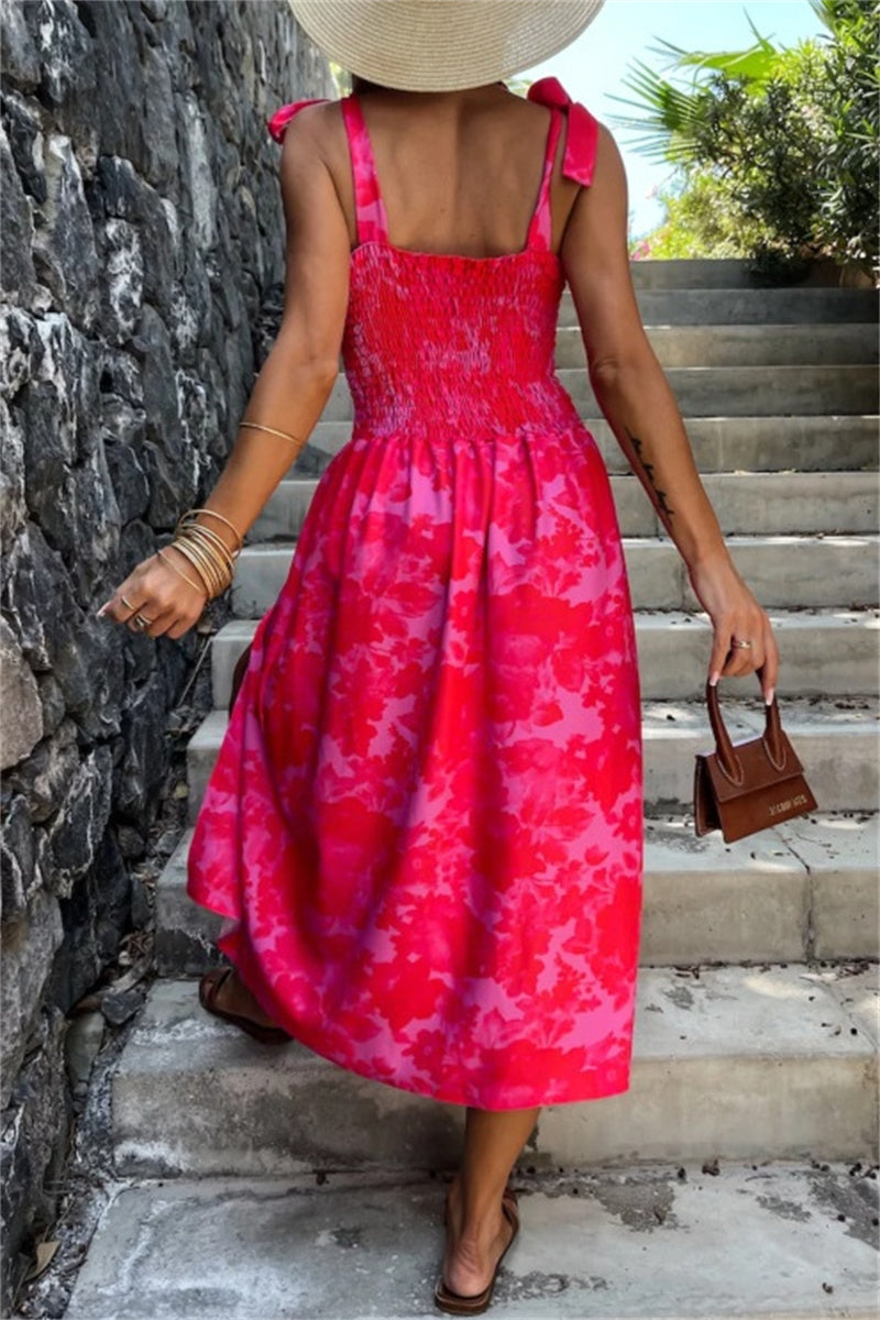 Color Print Backless Slit Belted Spaghetti Strap Sleeveless Dresses(7 Colors)