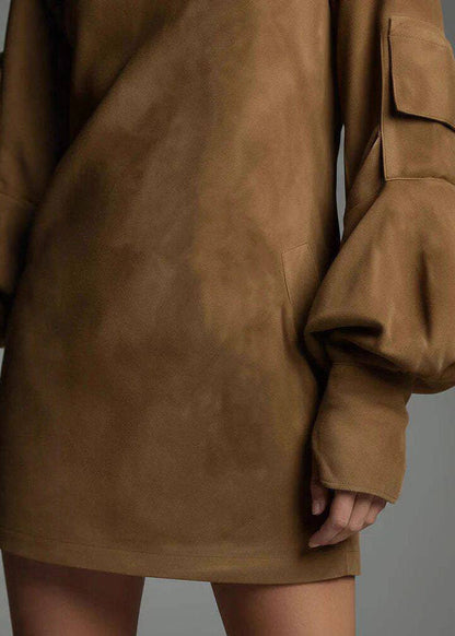 Brown High Neck Faux Suede Mid Dress Lantern Sleeve