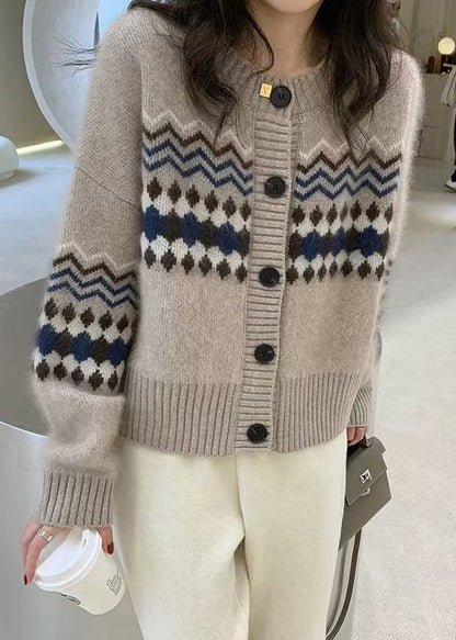 Apricot O Neck Jacquard Button Knit Cardigans Spring