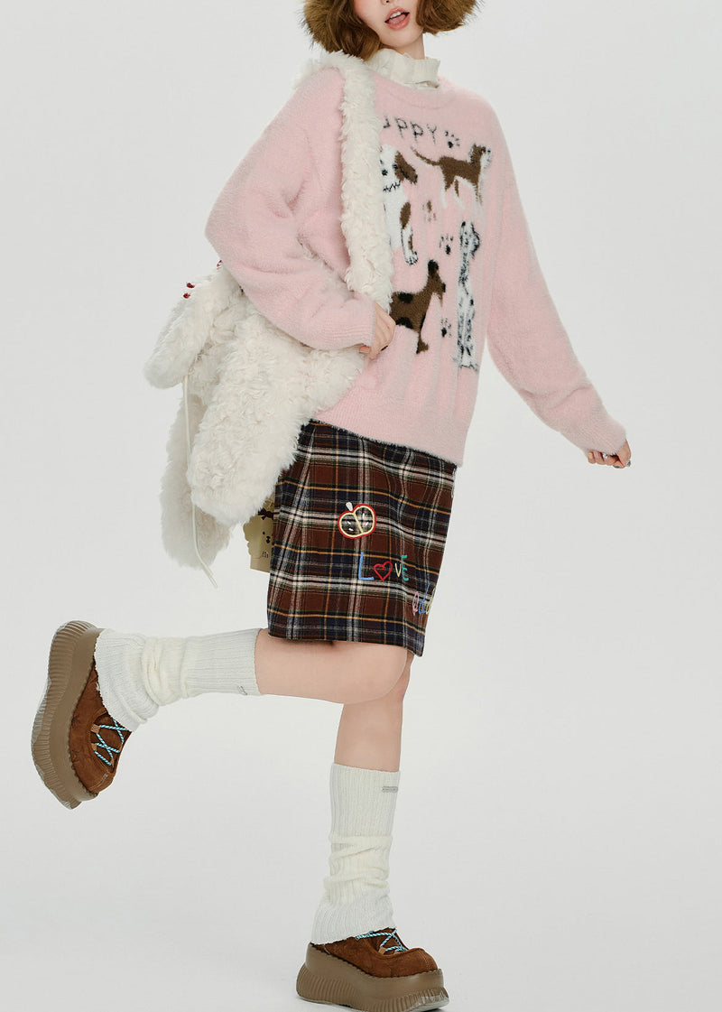 Cozy Pink Puppy Jacquard Knitted Tops Winter