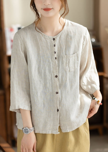 Khaki O Neck Button Pockets Linen Shirt Bracelet Sleeve