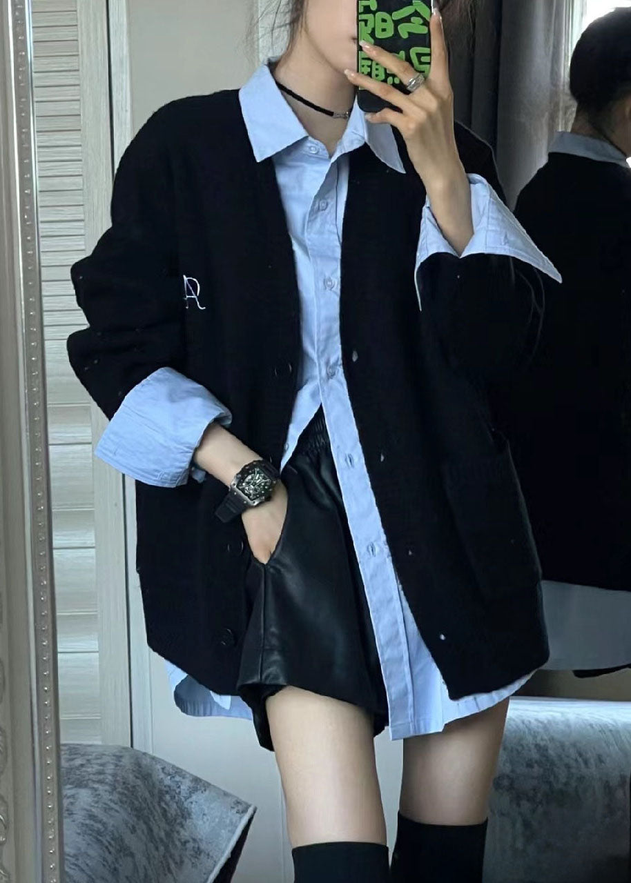 Simple Black V Neck Knit Cardigans and Blue Shirts Two Piece Set Fall
