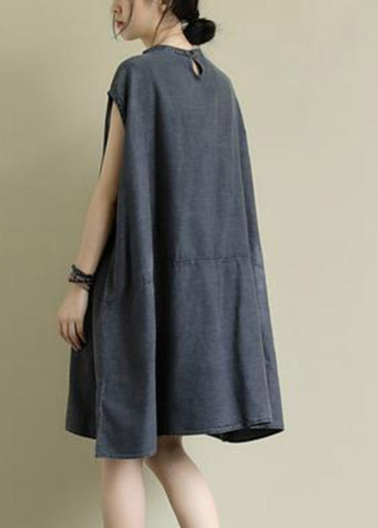 Boutique Grey Stand Collar Patchwork Mid Dress Summer