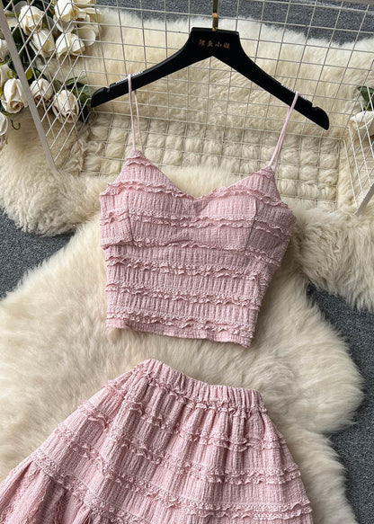 Pink Ruffled Tops and Skirts Cotton Two Pieces Set Sleeveless