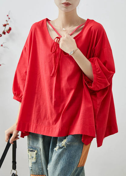 Red Oversized Cotton Shirt Tops Bracelet Sleeve