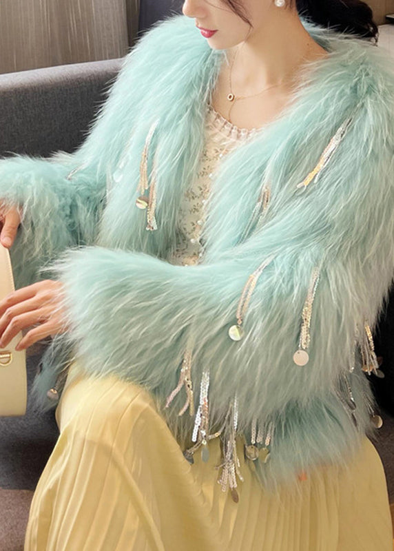 Pink O-neck Tassel Leather and Fur Coats Winter