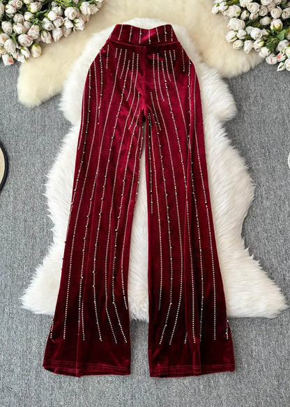 Mulberry Striped Zircon Silk Velvet Wide Leg Pants Spring