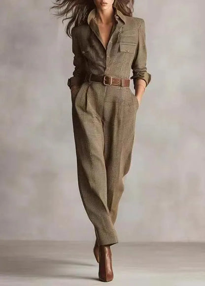 Modern Khaki Peter Pan Collar Plaid Cotton Jumpsuit Fall