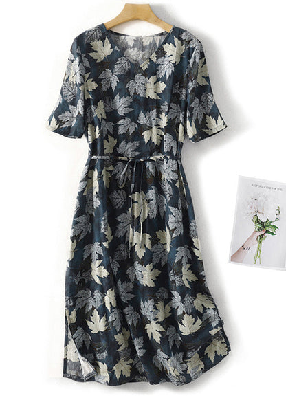 Blue V Neck Print Tie Waist Cotton Dress Summer