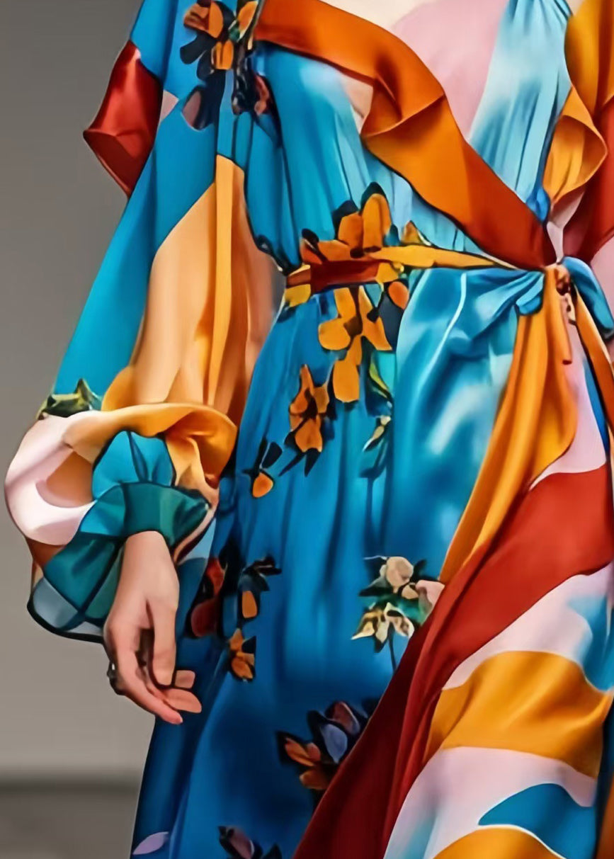 Blue Cinched Print Silk Robe Dresses Spring