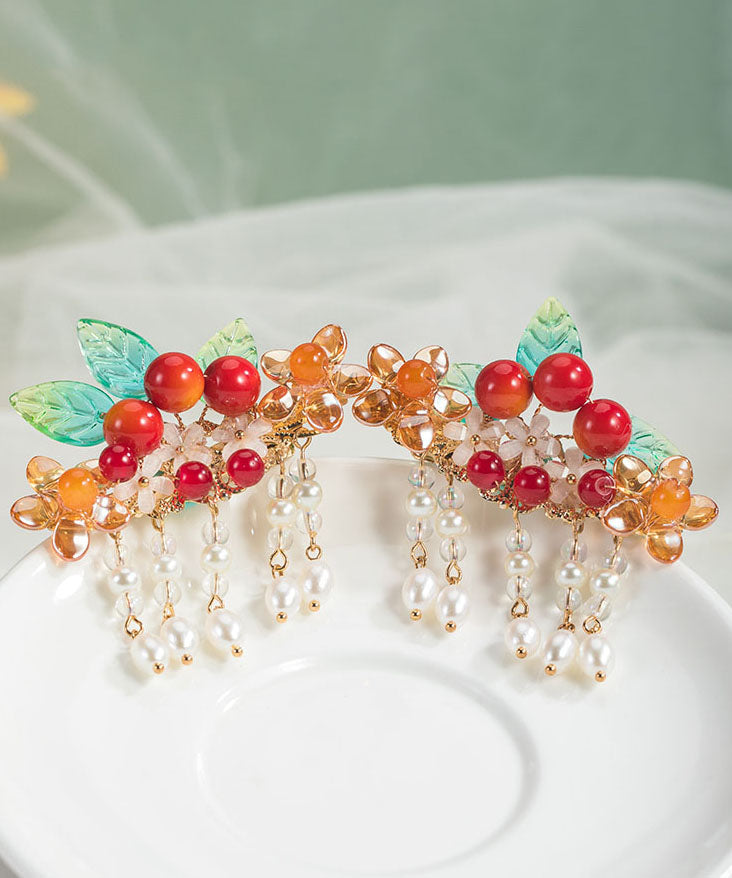 Rainbow Copper Overgild Pearl Hawthorn Leaf Tassel a Pair Hairpin