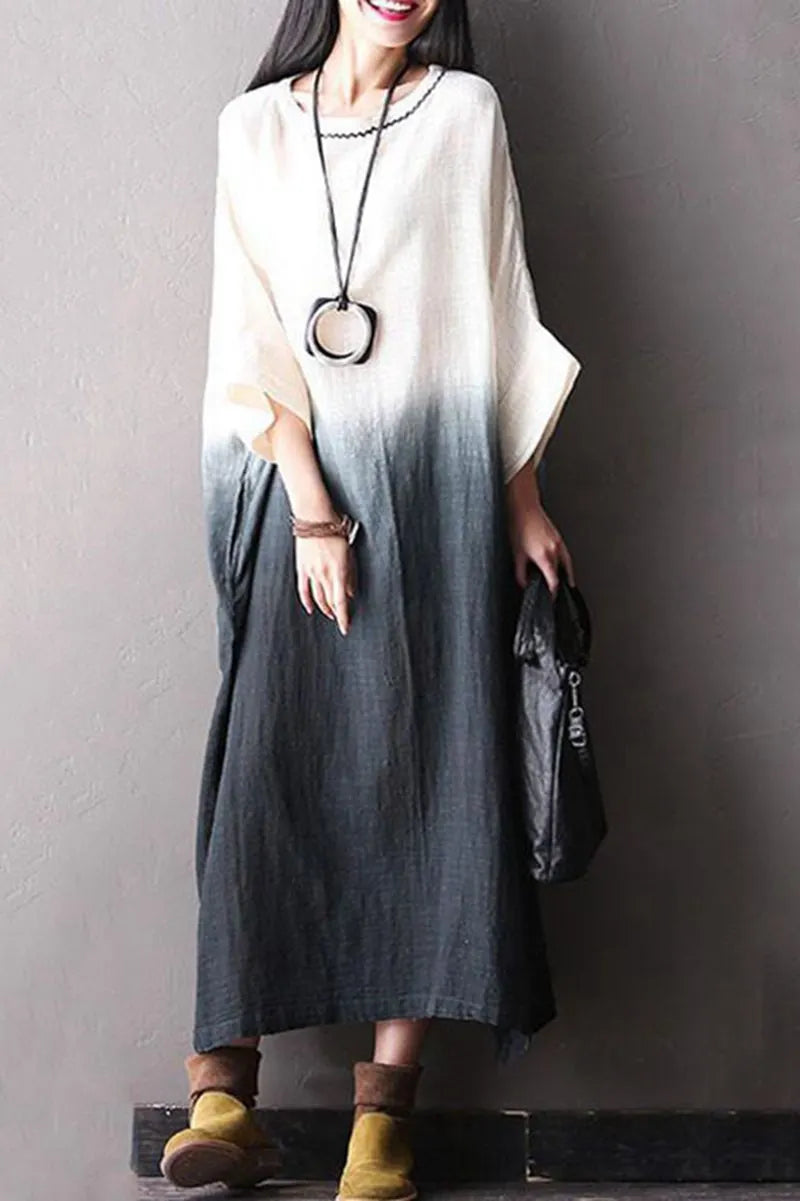 Bat Sleeve Cotton Linen Loose Fitting Long Dresses for