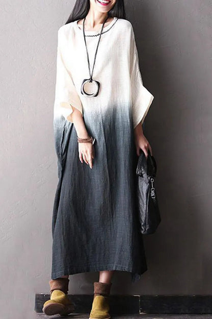 Bat Sleeve Cotton Linen Loose Fitting Long Dresses for