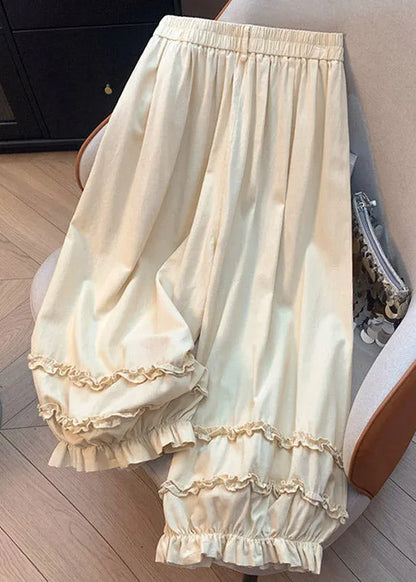 Beige Ruffled Patchwork Wide Leg Pants Summer
