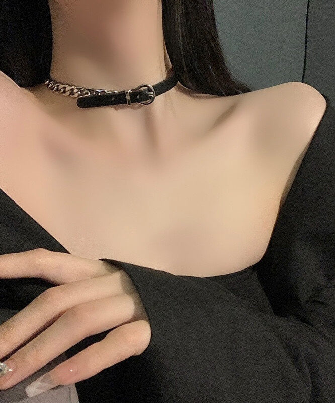 Black Alloy Chain Patchwork Leather Choker