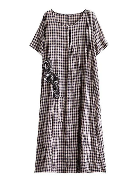 Blue Plaid Linen Dresses Summer Cotton Dress
