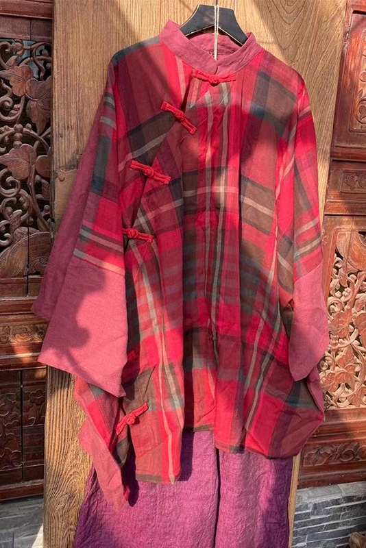 -retro Loose Cotton Linen Red Plaid Open Slant Tops