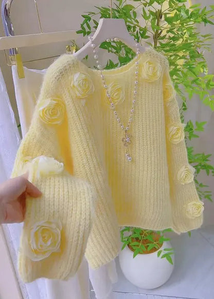 French Pink O Neck Decorated Knit Pullover Spring