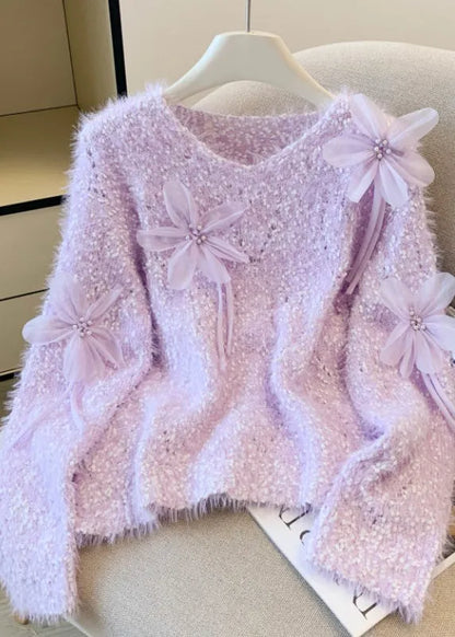 Diy Purple Oversized Faux Mink Hair Knitted Pullover Winter