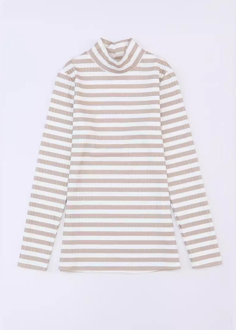 Khaki O Neck Striped Slim Fit Knit Top Fall