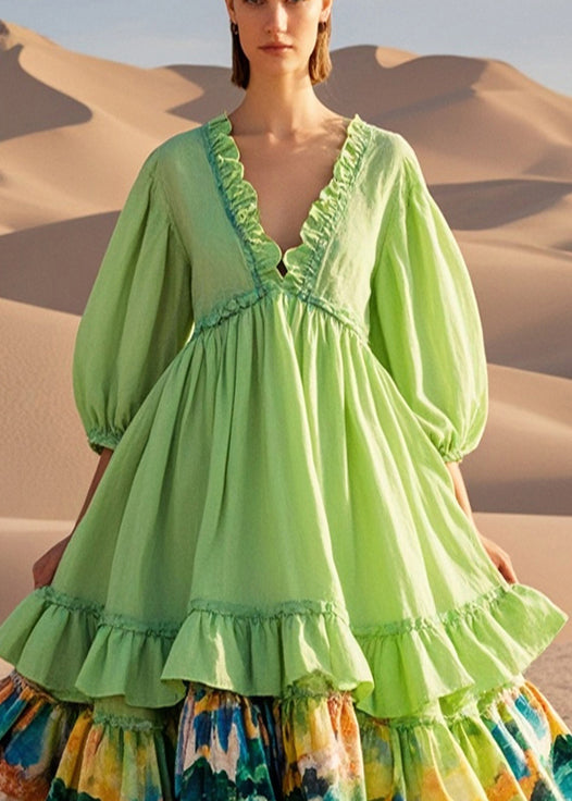 Light Green Ruffled Patchwork Exra Large Hem Cotton Party Dress Half Sleeve