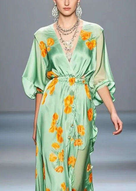Light Green Ruffled Print Silk Long Dress Fall