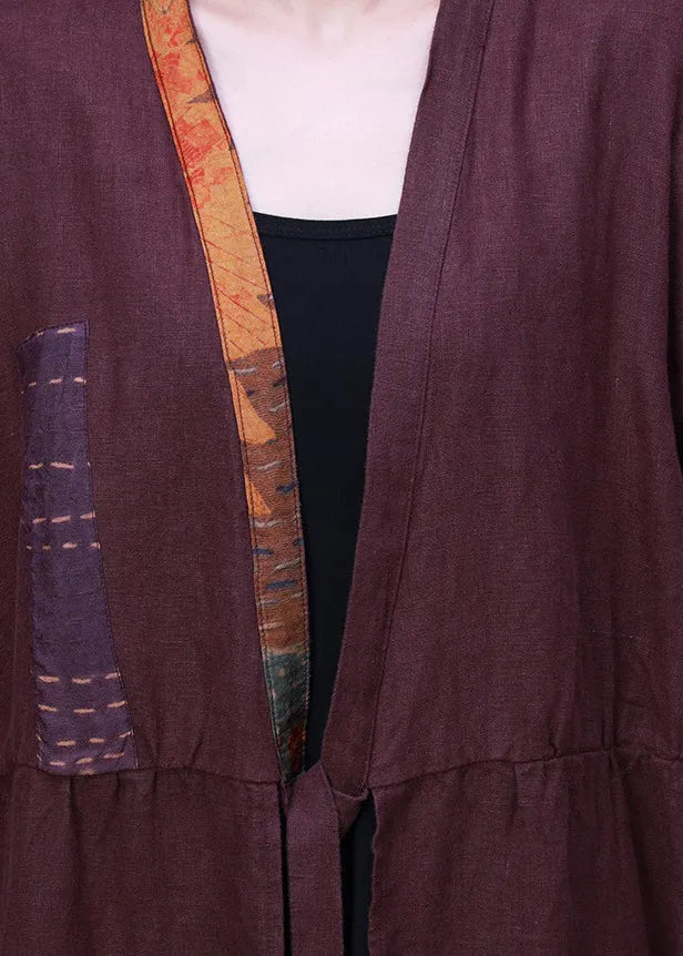 Handmade Purple V Neck Embroideried Patchwork Tie Waist Linen Cardigans Half Sleeve