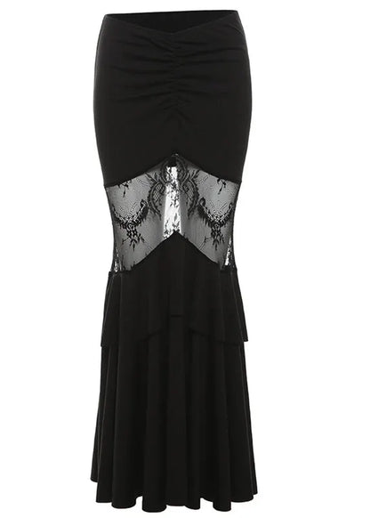 Art Black Hollow Out Lace Patchwork Fishtail Skirt Summer