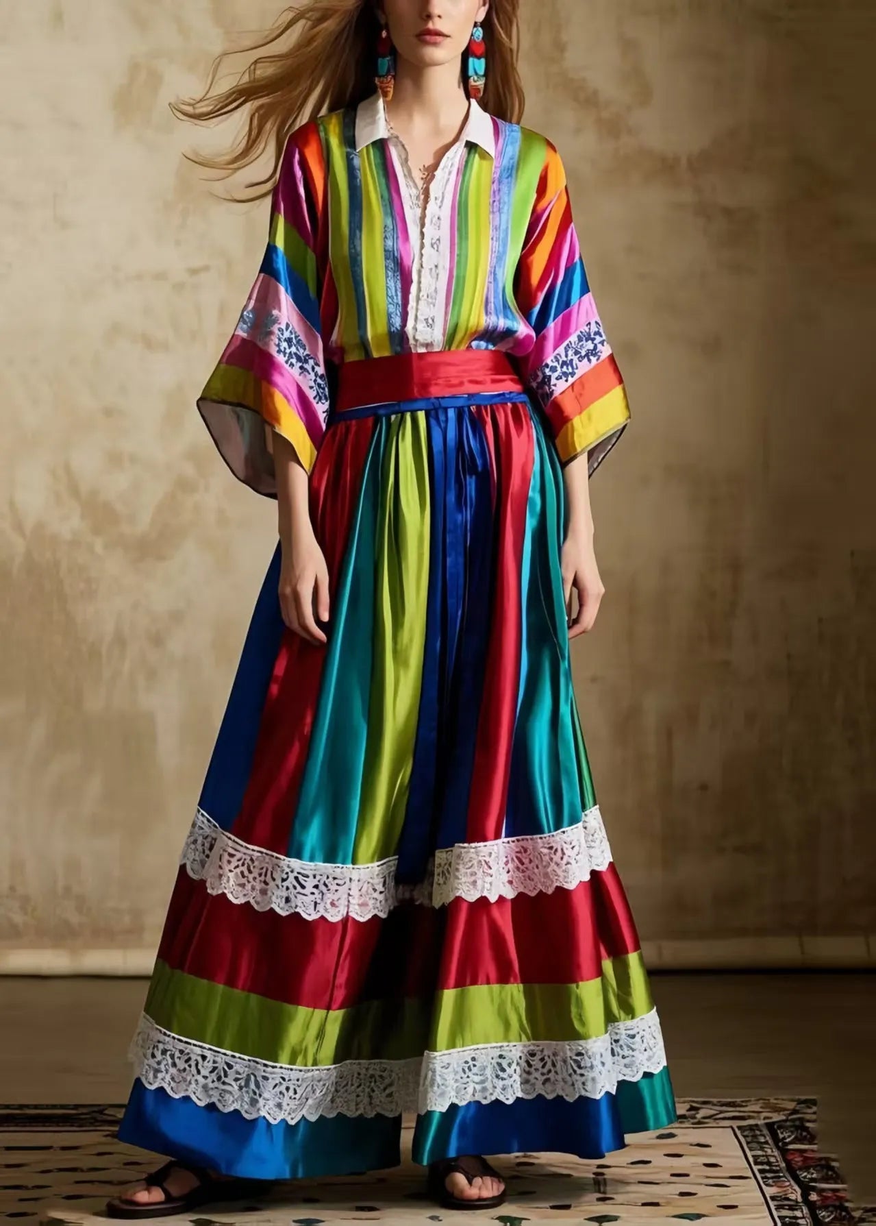 Striped Patchwork Exra Large Hem Silk Skirts Spring