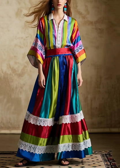 Striped Patchwork Exra Large Hem Silk Skirts Spring