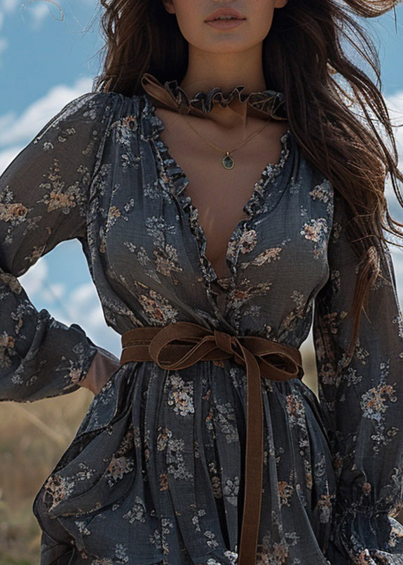 Grey Ruffled Print Patchwork Cotton Mini Dress Long Sleeve