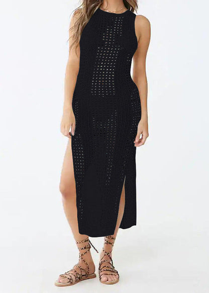 New Apricot O Neck Hollow Out Side Open Knit Dress Sleeveless