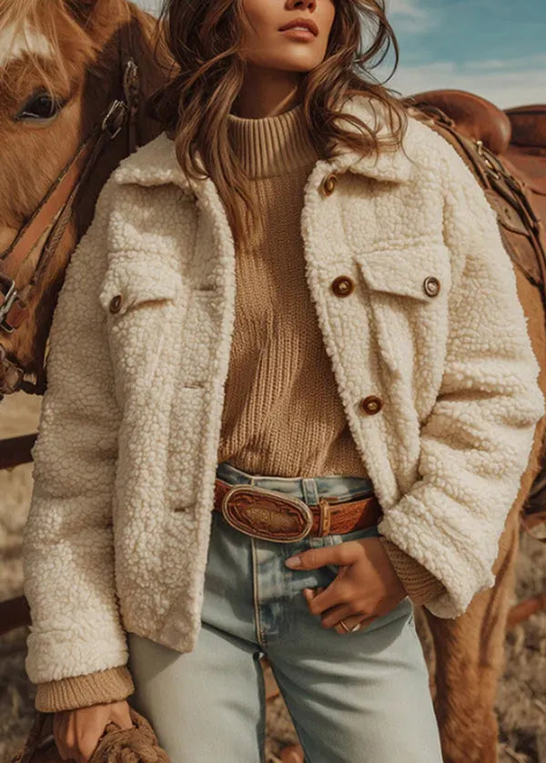 New White Peter Pan Collar Button Faux Fur Coat Winter