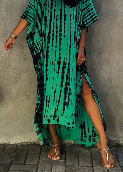 Boutique Green V Neck Tie Dye Cotton Long Dress Summer