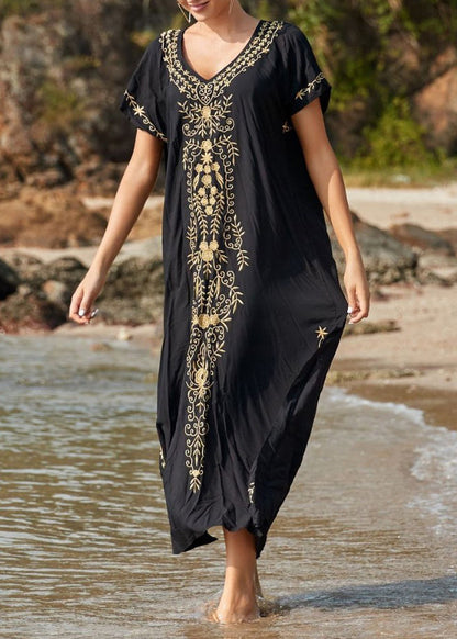 Handmade Black Embroidered Cotton Long Dress Summer