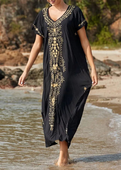 Handmade Black Embroidered Cotton Long Dress Summer