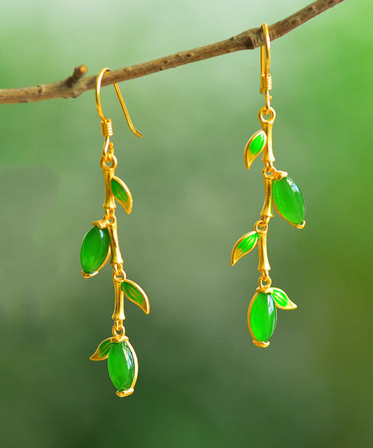 Green Silver Gold Plated Inlaid Jade Drop Earrings