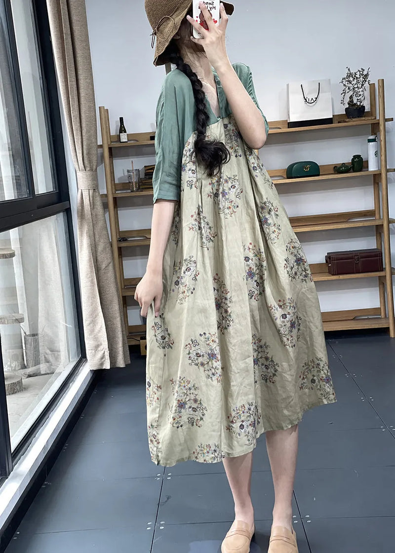Apricot V Neck Print Patchwork Ramie Linen Dresses Summer