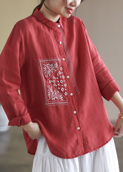 Purple Peter Pan Collar Embroidered Button Linen Shirt Long Sleeve