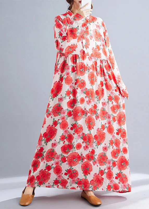 Red Oversized Print Cotton Holiday Dresses Spring