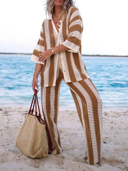 Loose V-neck Hollow Out Striped Shirt Wide Leg Pants Set